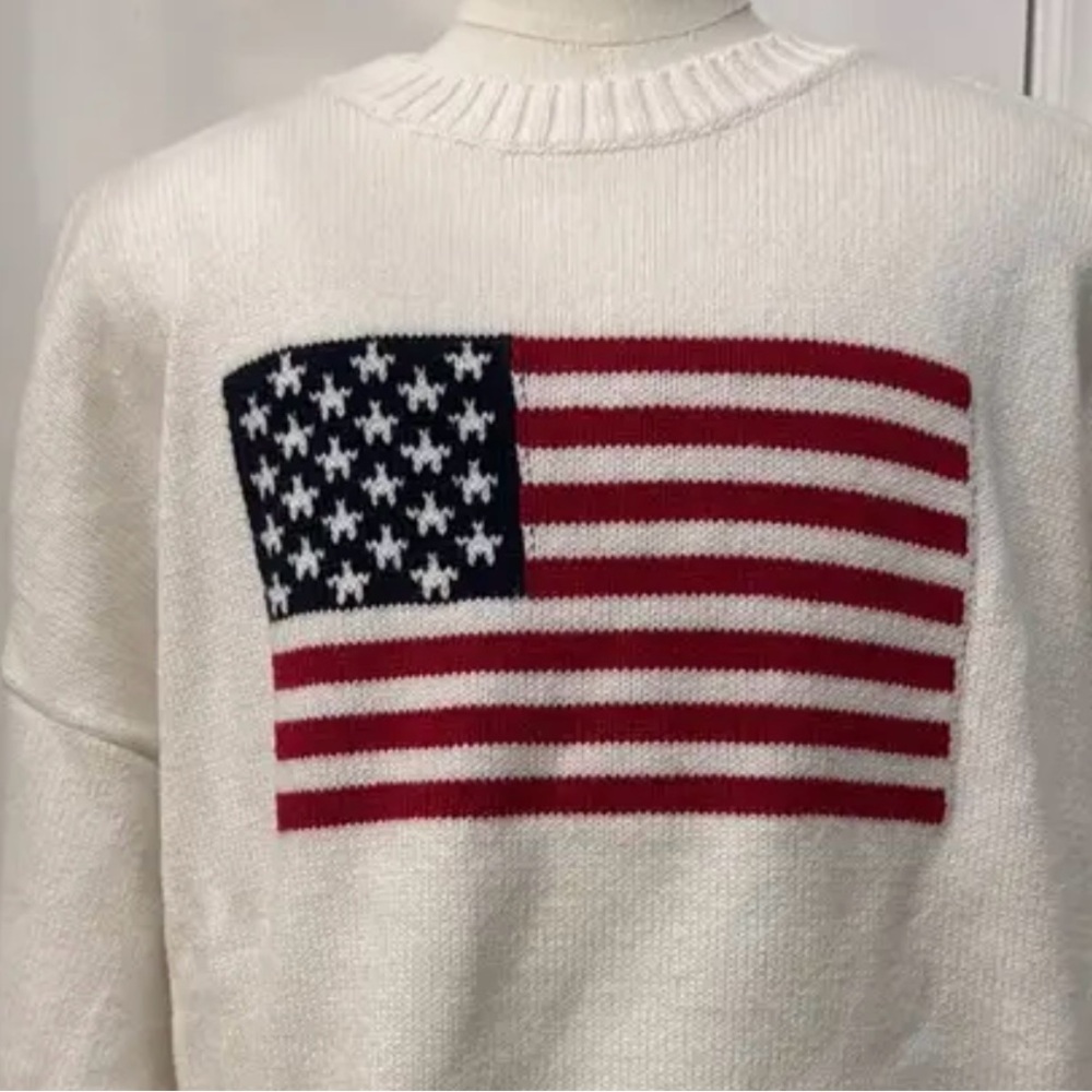 White Crewneck Sweater with American Flag Design